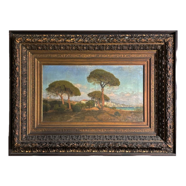 William Stanley Haseltine, View of a Pine Forest on the Sea, 1800s, Oil Painting on Canvas, Framed For Sale
