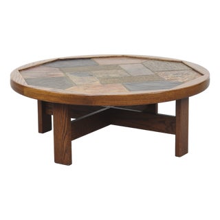Large Brutalist Round Coffee Table with Inlaid Tiles, 1970s For Sale