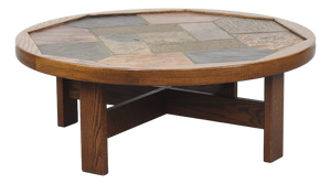 Large Brutalist Round Coffee Table with Inlaid Tiles, 1970s