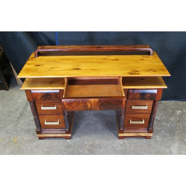 Early 20th Century Antique American Empire Art Deco Flame Mahogany Pine Library Writing Desk 49" For Sale - Image 6 of 10