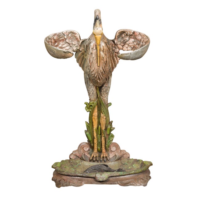 19th-Century French Cast Iron Heron Umbrella Stand with Hand-Painted Details For Sale
