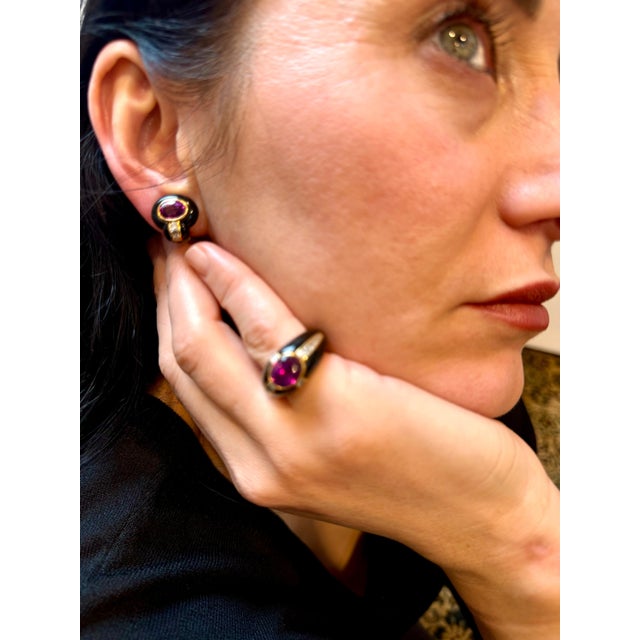 6Ct Natural PURPLE Sapphire , Black Onyx & Pave Diamond Ring & Earring Set 18KG For Sale - Image 13 of 18