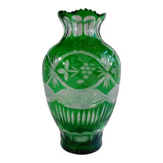 Large 1950s Green Cut to Clear Vase For Sale