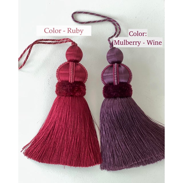 Pair of Ruby Red Key Tassels With Satin and Cut Velvet Details For Sale - Image 14 of 15
