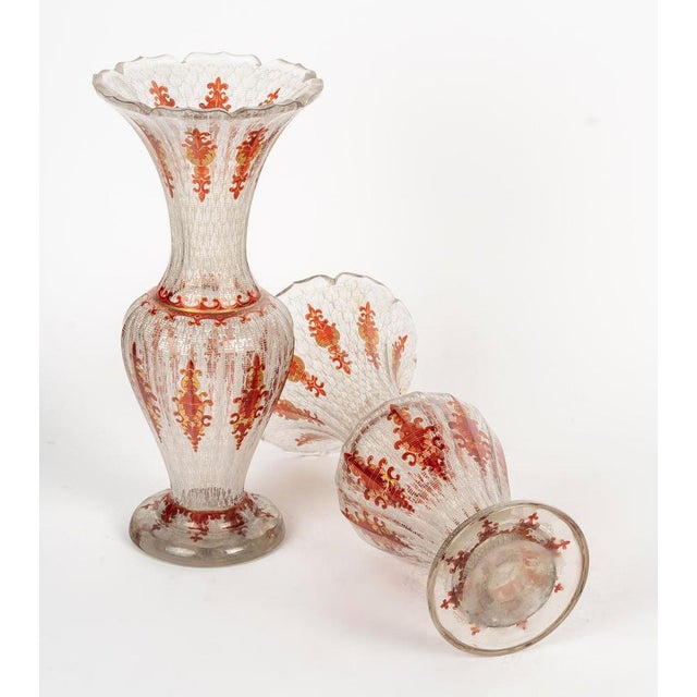 Pair of bohemian crystal vases, enamelled decoration, napoleon iii period, 19th century. A pair of bohemian crystal vases,...