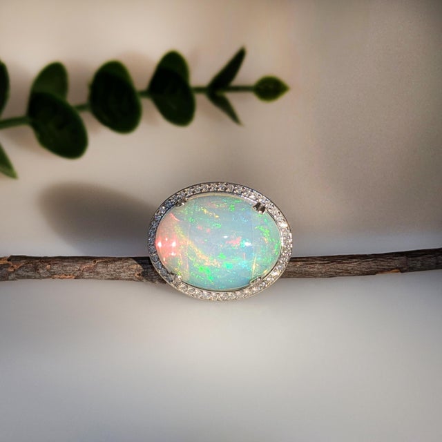 Modern 9.4 Carat Statement Opal Ring With Natural Diamond Halo in 14k Gold | Ov 20x15mm, Size 6.75 For Sale - Image 3 of 6