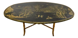 Vintage Chinoiserie Hand-Painted Black and Gold Coffee Table With Bamboo Legs