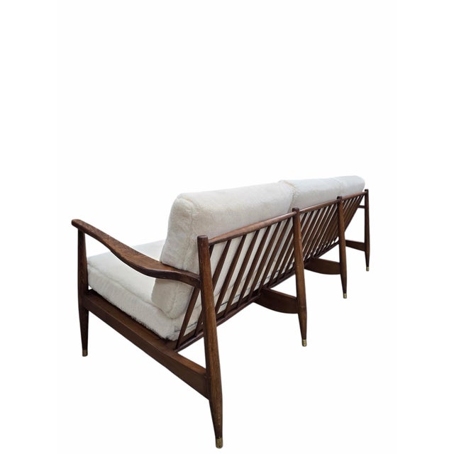 Mid-Century Modern Danish Modern Sofa Newly Reupholstered in Ivory Sheep’s Wool Shearling by Ib Kofod-Larsen For Sale - Image 3 of 12