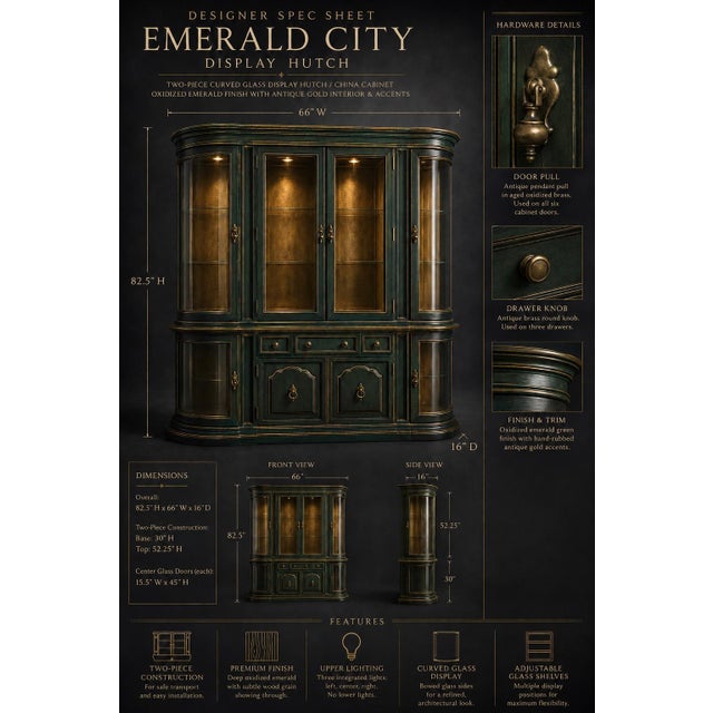 A dramatic designer reinterpretation of the classic curved glass display hutch, refinished in our signature Emerald City...