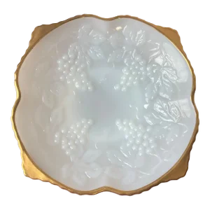 Vintage Anchor Hocking Grape and Vine Milk Glass Pedestal Bowl With Gold Gilt