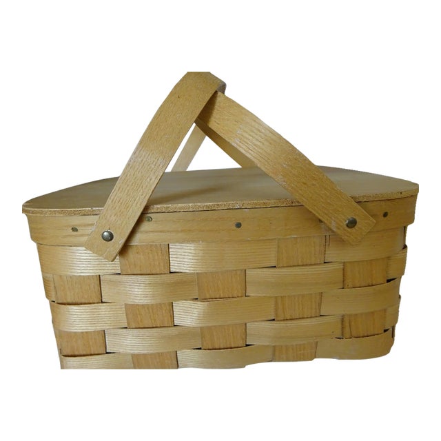 Vintage 1970's Woven Picnic Basket For Sale