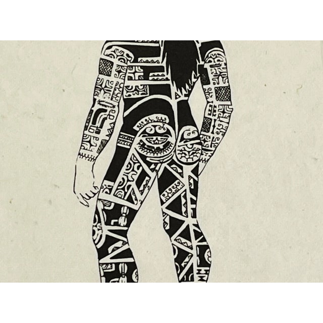 Vintage Keith Haring Style Tribal Tattoo Art Lithograph on Tapa Cloth For Sale - Image 4 of 12