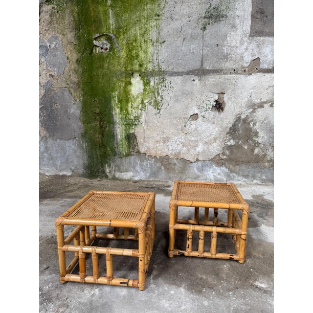 Mid-Century Modern Italian Bamboo Sofa Table with Vienna Straw Top in the style of Vivai Del Sud, 1960s, Set of 2, in Very...