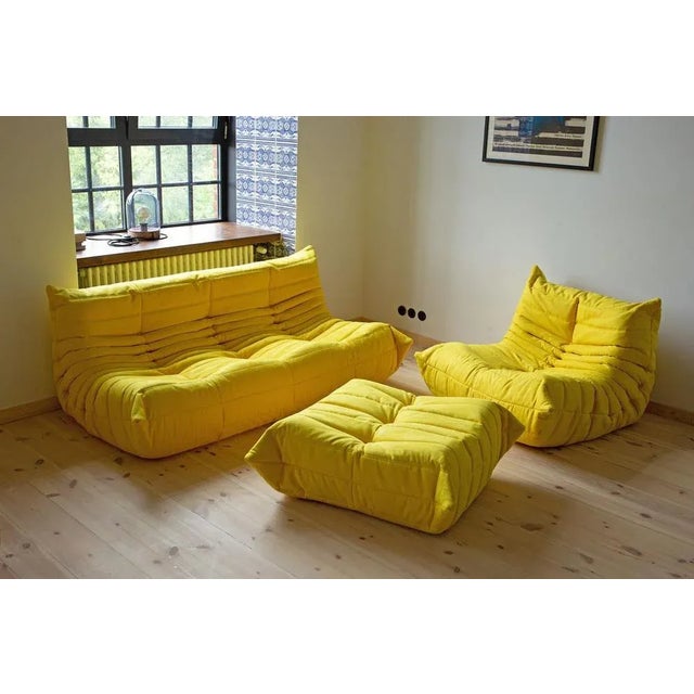 Yellow Microfiber Togo Lounge Chair, Pouf and 3-Seat Sofa by Michel Ducaroy for Ligne Roset, Set of 3 For Sale - Image 12 of 12