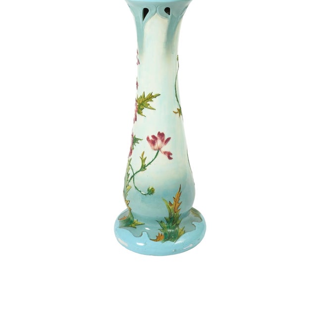 Ceramic French Art Nouveau Floral-Decorated Majolica Jardiniere With Tall Pedestal For Sale - Image 7 of 13
