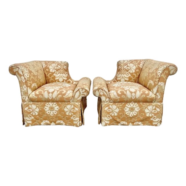Late 20th century Opposing Pair of Orange Damask Chairs For Sale