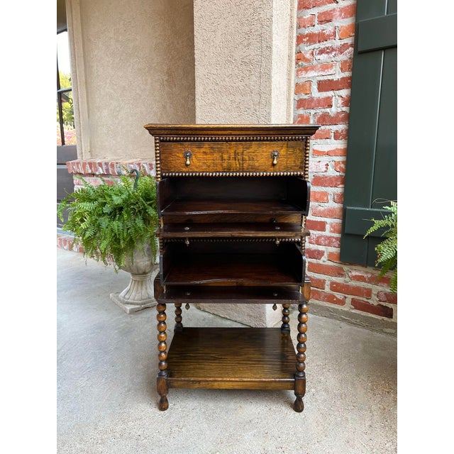 1910s Antique English Music Cabinet Office File Jacobean Petite End Table Tiger Oak For Sale - Image 5 of 12