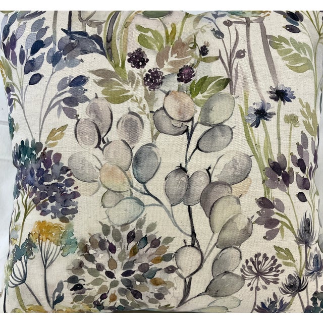 20" Square Decorative Throw Pillow Decorated With a Muted Purple & Tan Water Color Look Floral Pattern - Made In The U K....