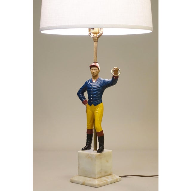 1950s 1950s Rarest Large Black Americana Lawn Jockey Statue Sculpture Brass Alabaster Marble Table Lamp For Sale - Image 5 of 13