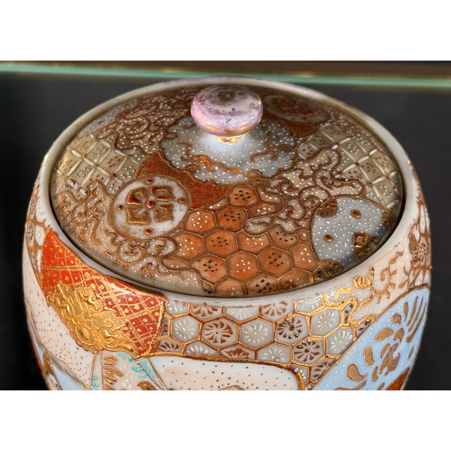 Satsuma Antique 19th C. Japanese Meiji Period Porcelain Lidded Jar With Figural Enamel and Gilt Decoration For Sale - Image 4 of 11