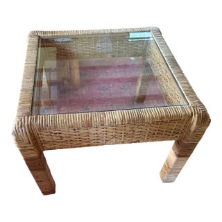 1990s Rattan Glass Top Coastal Chic Coffee Table For Sale