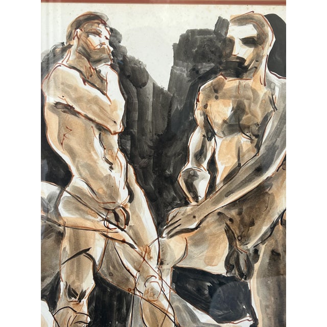 Beige 1980's Watercolor of Three Nude Men by M Eames For Sale - Image 8 of 10