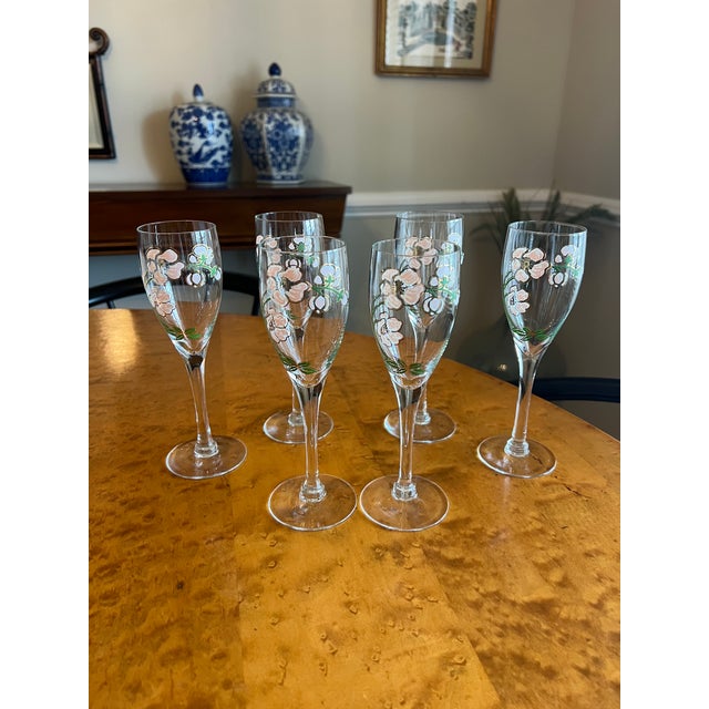 Vintage Art Nouveau Perrier Jouet Hand Painted Floral Champagne Flutes - Design by Emile Galle - Set of 6 For Sale - Image 13 of 13