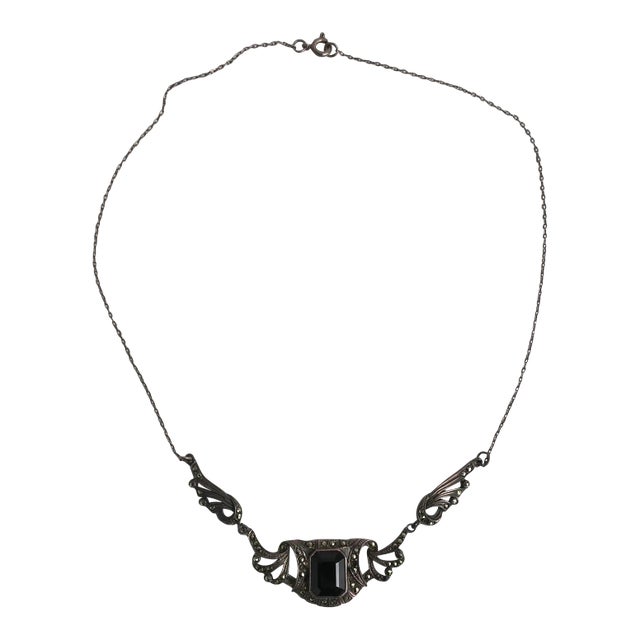 Black Onyx and Sterling Silver Necklace Art Nouveau, Circa Late-20th Century For Sale