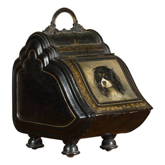 English Victorian Period 1880s Black Coal Box with Hand-Painted Dog Motif For Sale