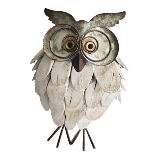 1960s Brutalist MCM 12" Snowy Owl Sculpture- Metal,Copper,Glass,Wood For Sale