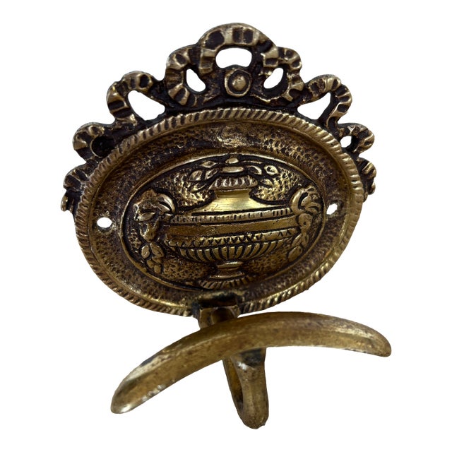 Antique Louis XVI French Cast Brass Wall Coat Hook Neoclassical Urn Ribbons For Sale