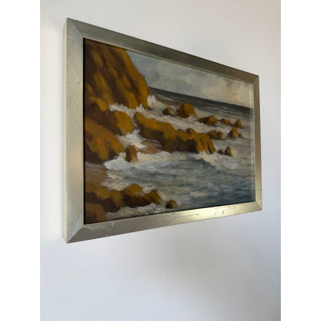 Coastal Modern Coastal Ocean Landscape Oil on Board Painting, Silver Wood Frame For Sale - Image 3 of 12