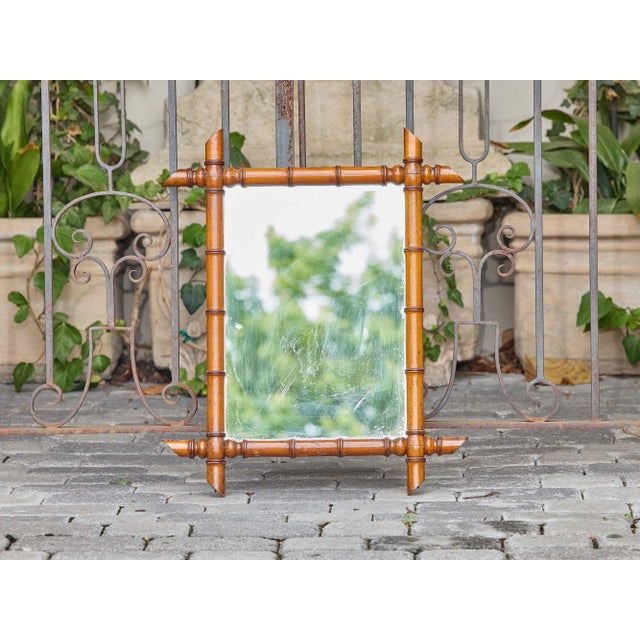 Early 20th Century French Carved Faux Bamboo Wall Mirror With Finial Corners, Circa 1900 For Sale - Image 5 of 9