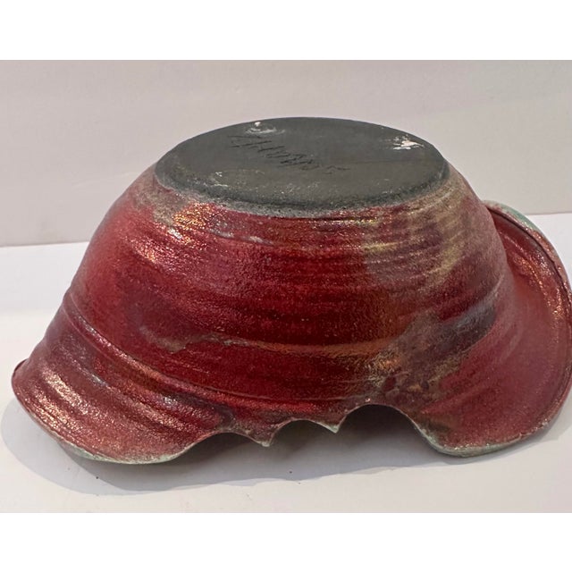 Signed Raku Ceramic Flower Arrangement Bowl With Frog-Style Center For Sale - Image 10 of 11