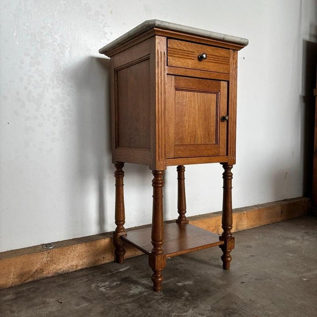 Contemporary Antique Oak Bedside Table with Marble Top, 1900s For Sale - Image 3 of 13