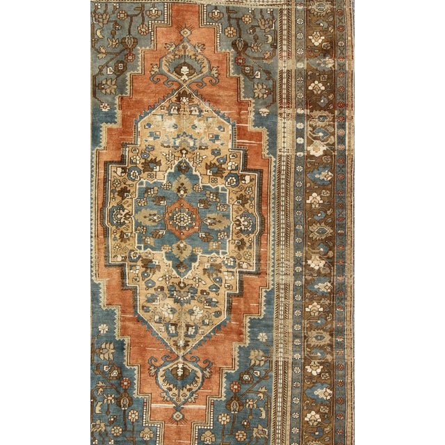 Antique Turkish Colorful Oushak Gallery Rug In Blue Brown & Terra-cotta. Rug/, Colorful Oushak, Antique Oushak. A...