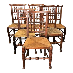 Antique English Lancashire Elmwood Tavern Chairs With Rush Seats- Set of 6