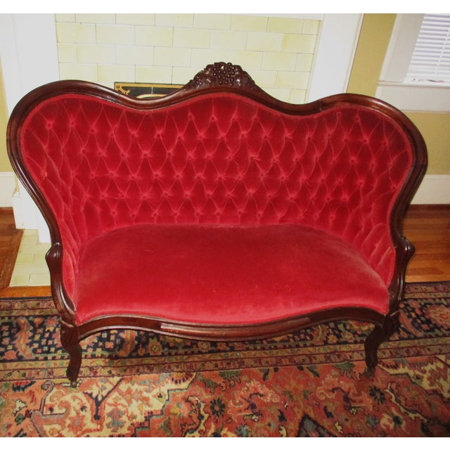 Victorian Antique Victorian Carved Walnut Red Velvet Tufted Love Seat For Sale - Image 3 of 14