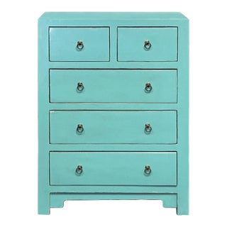 Oriental Turquoise Blue 5 Drawers Slim Narrow Chest Cabinet Dresser For Sale