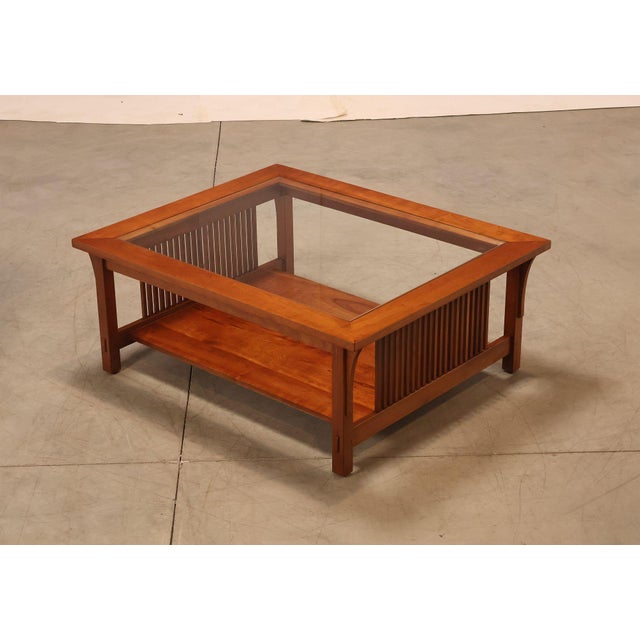 High Quality American Made Cherry Spindle Coffee Table with Inset Glass Top