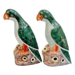 Antique Chinese Export Green Parrots Figurines - a Pair For Sale