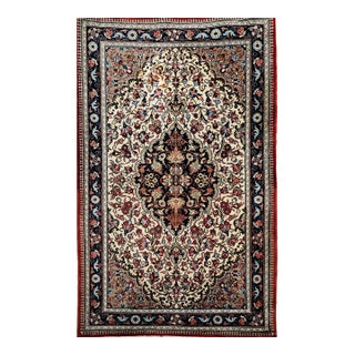 Vintage Persian Isfahan Rug, Hand-Knotted Wool, Floral Pattern, Ivory & Navy, 3x4 For Sale