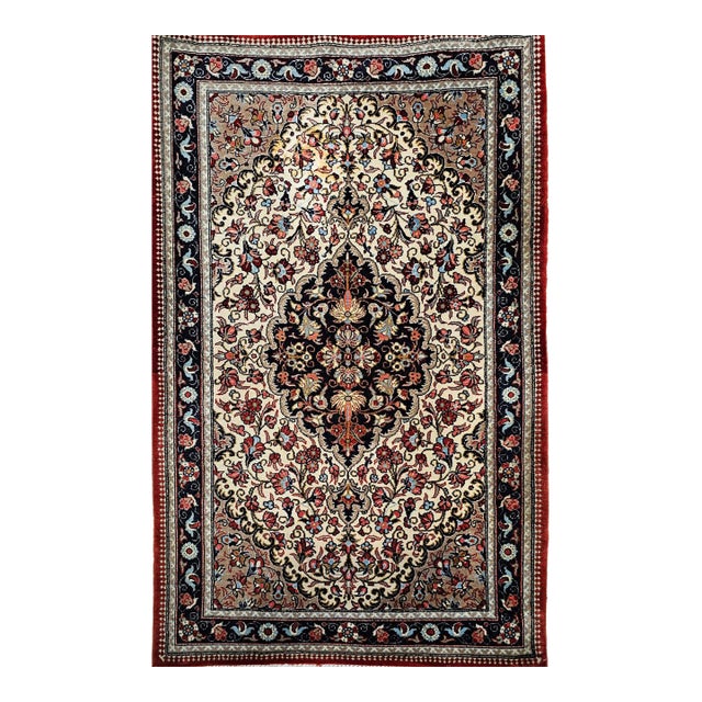 Vintage Persian Isfahan Rug, Hand-Knotted Wool, Floral Pattern, Ivory & Navy, 3x4 For Sale