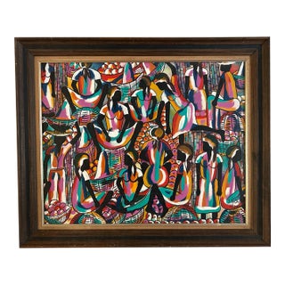 Vintage 1960’s Mid Century Abstract Haitian Folk Art Painting For Sale