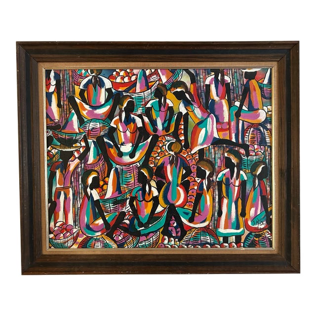 Vintage 1960’s Mid Century Abstract Haitian Folk Art Painting For Sale