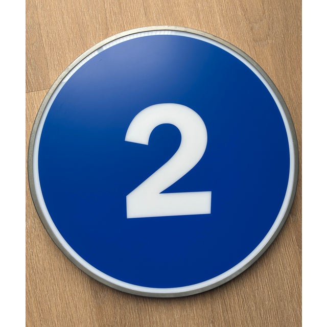 Art Deco Vintage Illuminated Sign Lenses, Backlit Drive-Thru / Gas Station Pump Island Number Signs, 17-Inch Round Metal & Acrylic Signs (Pair #1 & #2) For Sale - Image 3 of 10