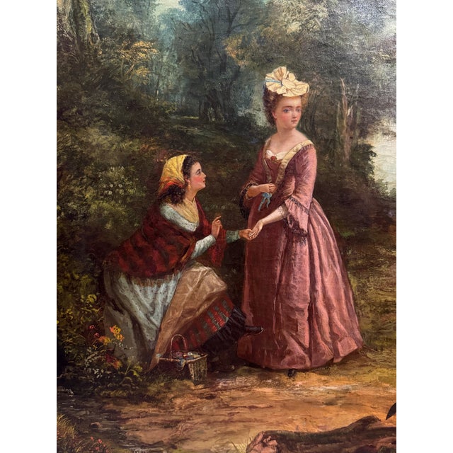 Textile Large 19th Century Victorian Painting of Ladies on a Wooded Path For Sale - Image 7 of 11