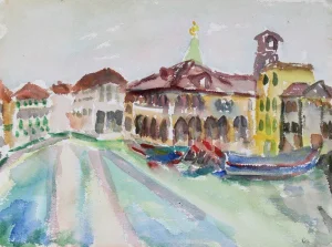 Abstracted Cityscape in Cool Colors Mid Century Watercolor