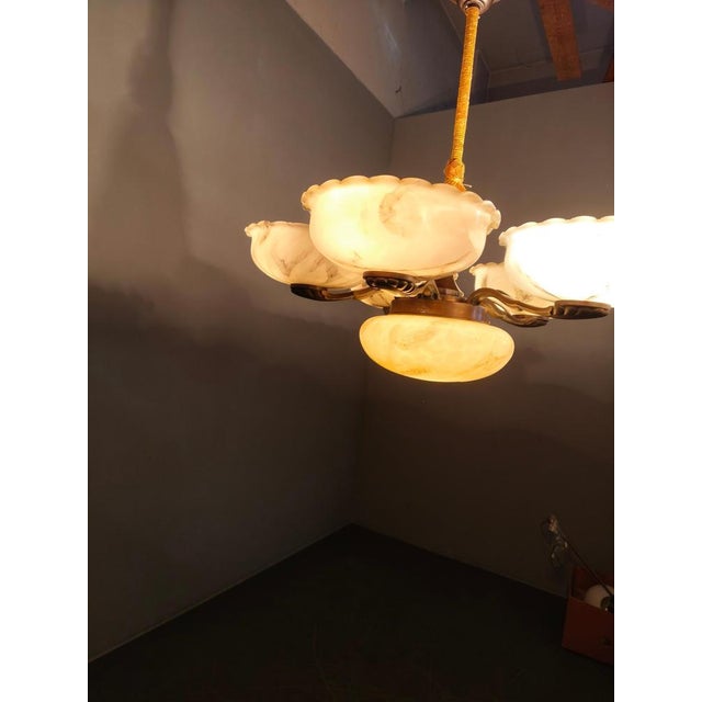 Czech Art Deco Brass Opaline Glass Chandelier, 1940s For Sale - Image 9 of 11