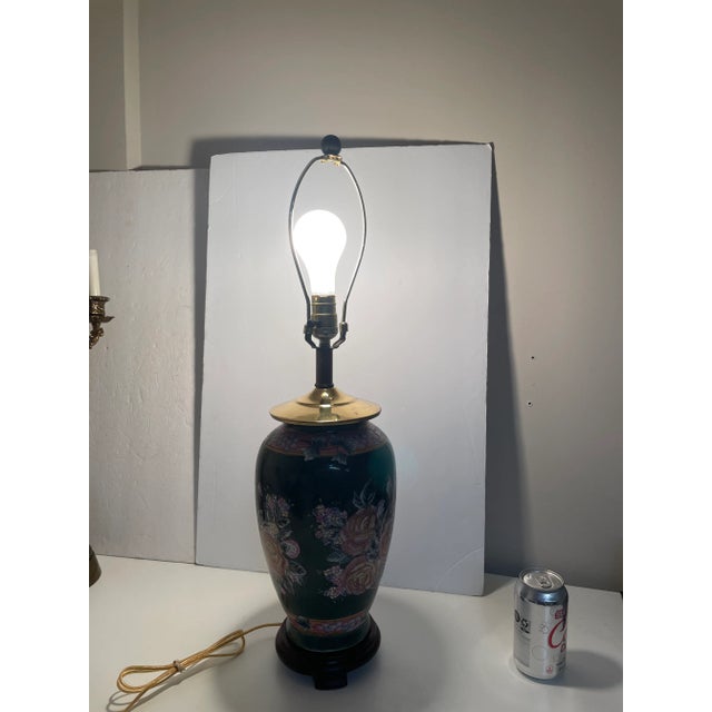 Wood Vintage Chinoiserie Floral Green Table Lamp For Sale - Image 7 of 8